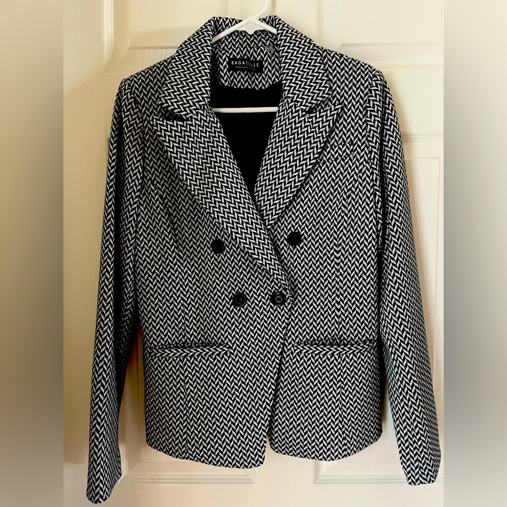 BAGATELLE Womens Black Pocketed Fitted Double-breasted Printed Blazer size M